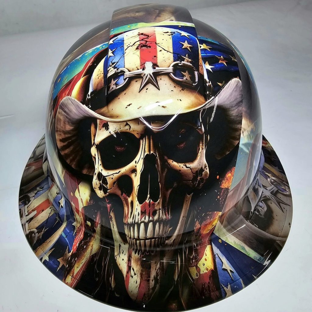Colorful hard hat with patriotic design.
