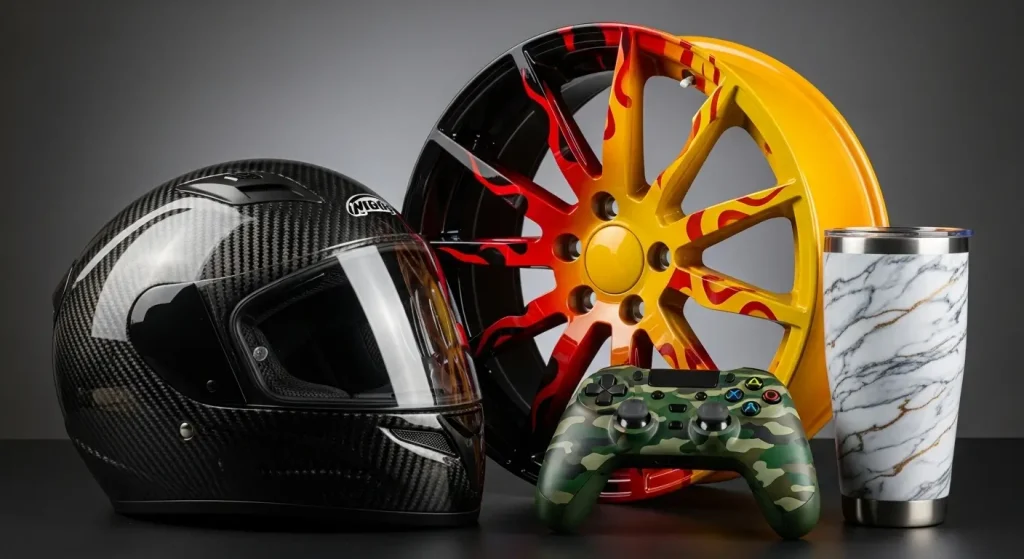 Hydro Dipped Helmet, wheels, controller, and tumbler.