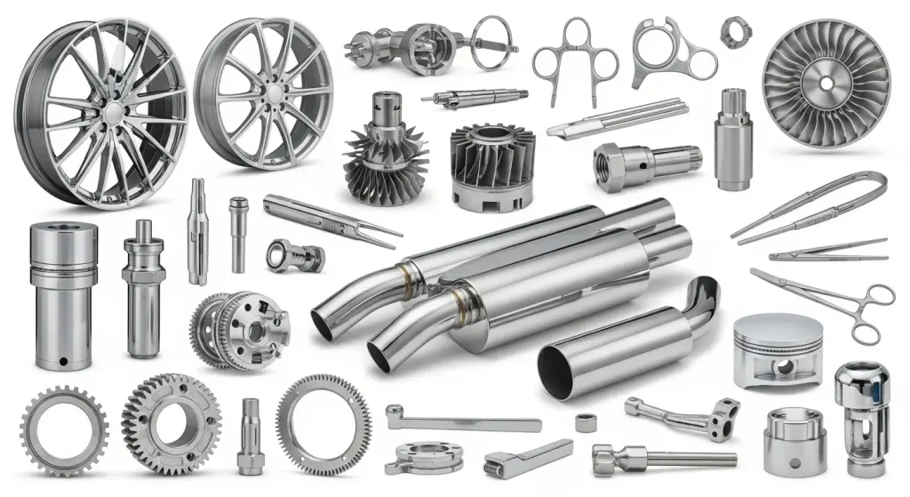 Chrome-plated parts from automotive, aerospace, and medical industries showing versatility.