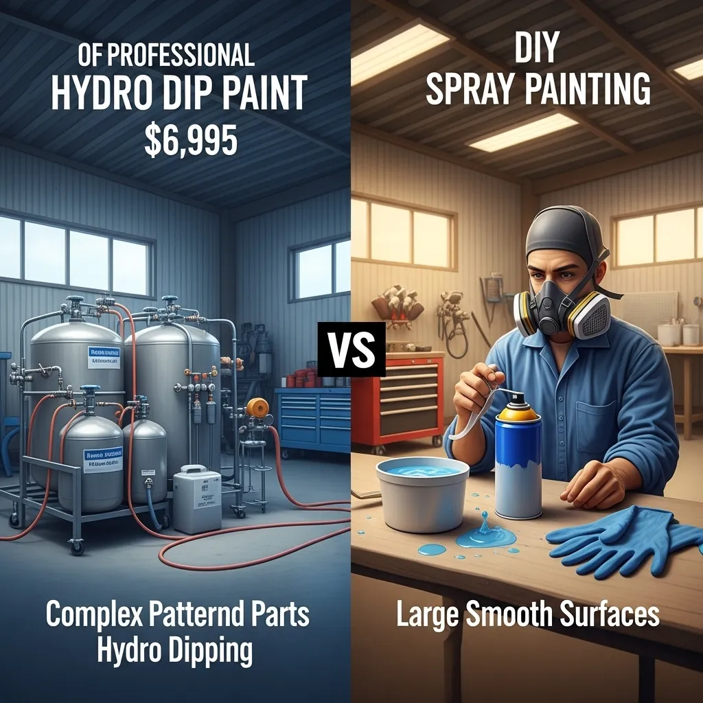 Hydro dipping professional setup versus DIY spray paint setup with tools and protective gear.
